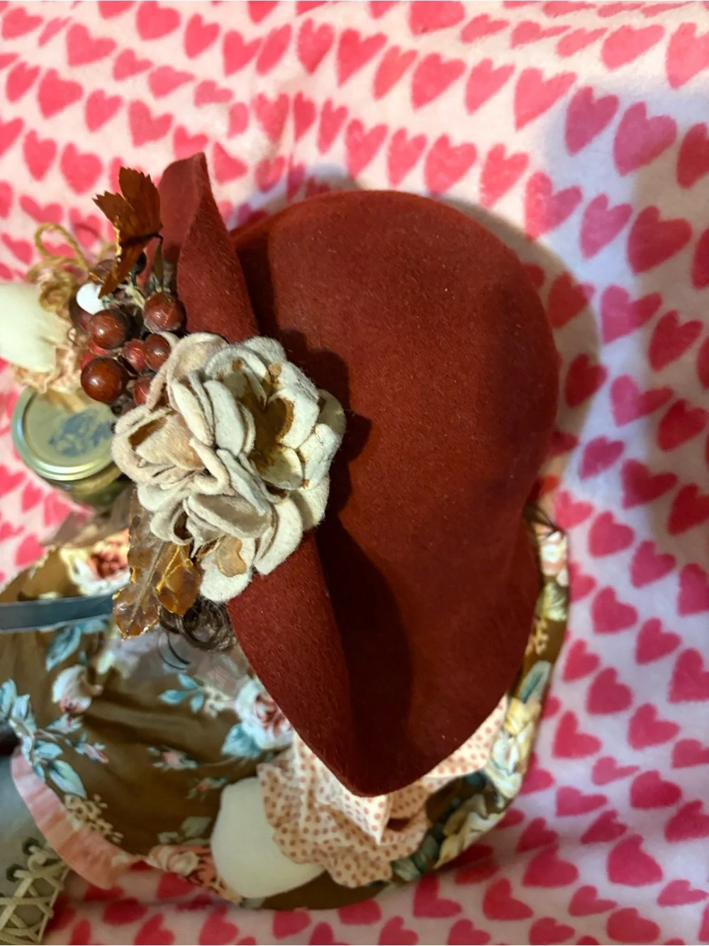 Brown Floral Rag Doll with Burgundy Hat